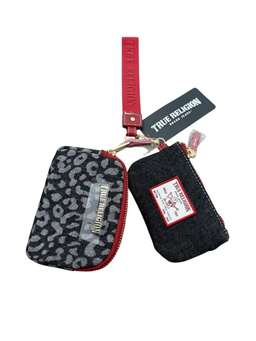 NWT True Religion Wristlet Keychain Card Set Leopard Denim Red